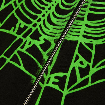 Black cotton fleece hoodie with neon green phantom web print, rhinestones, and silver zip closure.