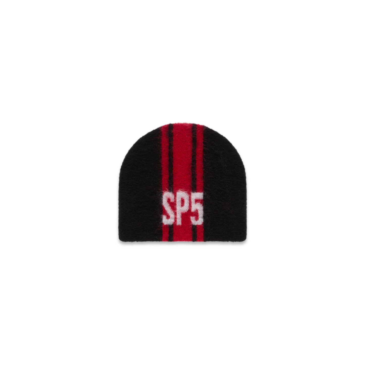 Black mohair knit RALLY BEANIE with red vertical stripes and a white "SP5" logo.