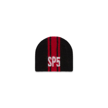 Black mohair knit RALLY BEANIE with red vertical stripes and a white "SP5" logo.