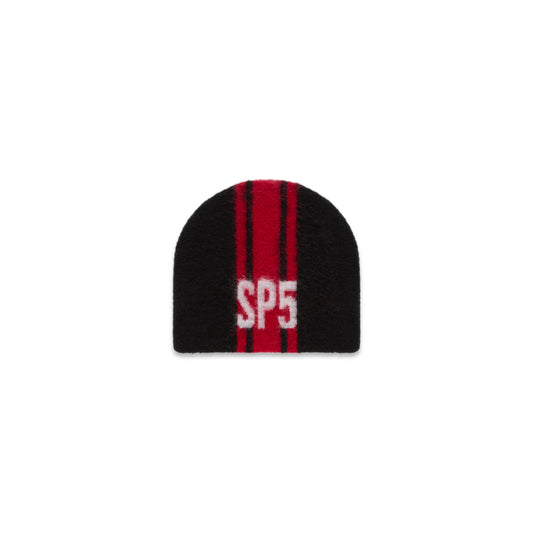 Black mohair knit RALLY BEANIE with red vertical stripes and a white "SP5" logo.