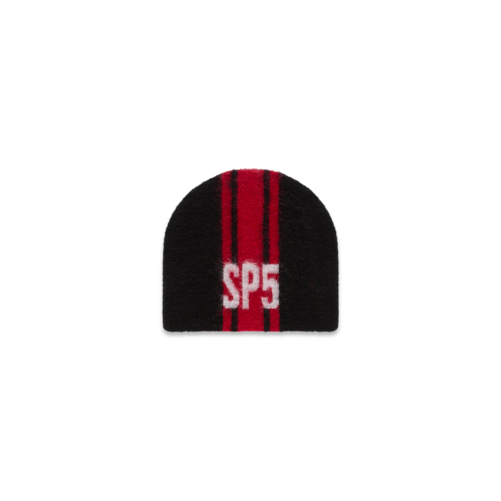 Black mohair knit RALLY BEANIE with red vertical stripes and a white "SP5" logo.