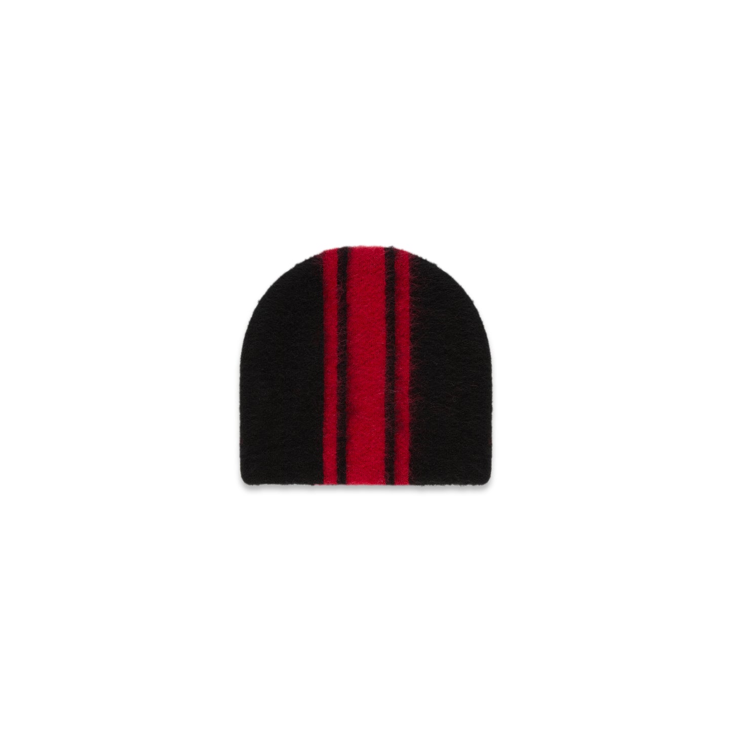 Black mohair knit beanie with two central red vertical stripes.