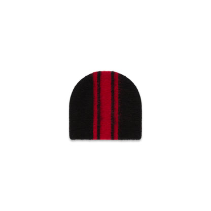Black mohair knit beanie with two central red vertical stripes.