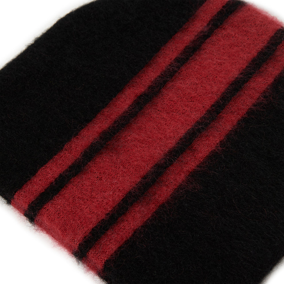 Black mohair knit Rally Beanie with red vertical stripes and "SP5" logo.