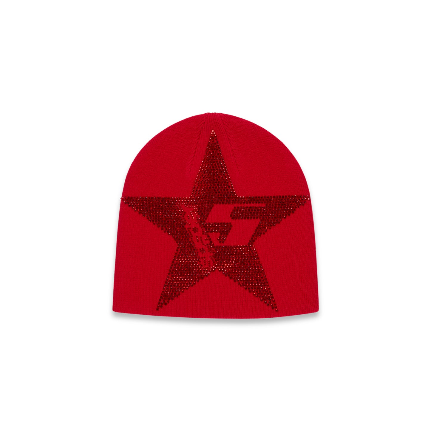 Red acrylic beanie with a large rhinestone-embellished 5-star design.