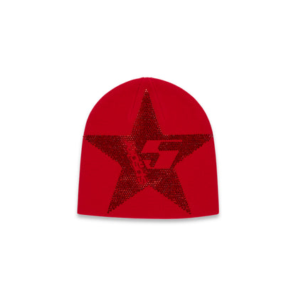 Red acrylic beanie with a large rhinestone-embellished 5-star design.