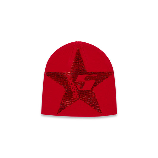 Red acrylic beanie with a large rhinestone-embellished 5-star design.