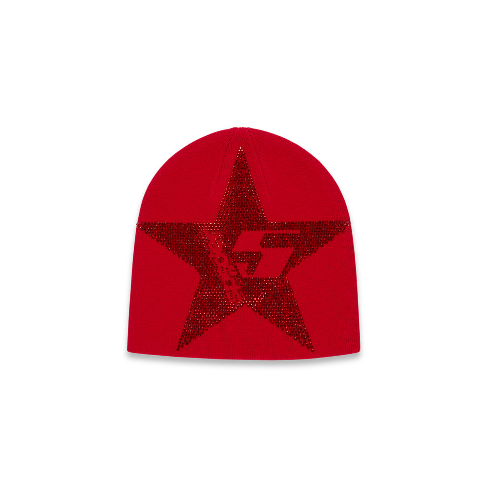 Red acrylic beanie with a large rhinestone-embellished 5-star design.