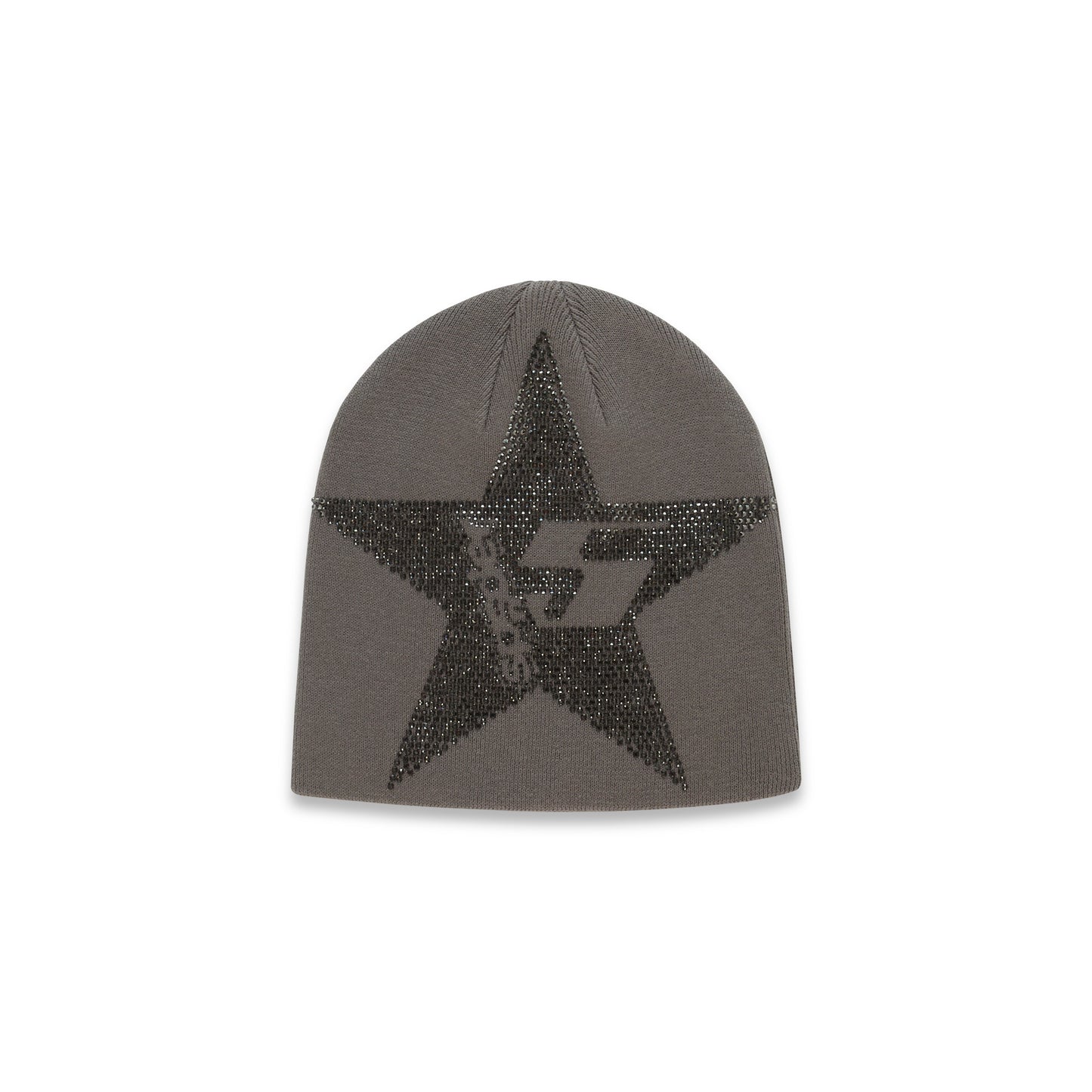 Gray acrylic beanie with a large, sparkly rhinestone star design.