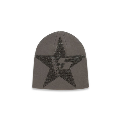 Gray acrylic beanie with a large, sparkly rhinestone star design.