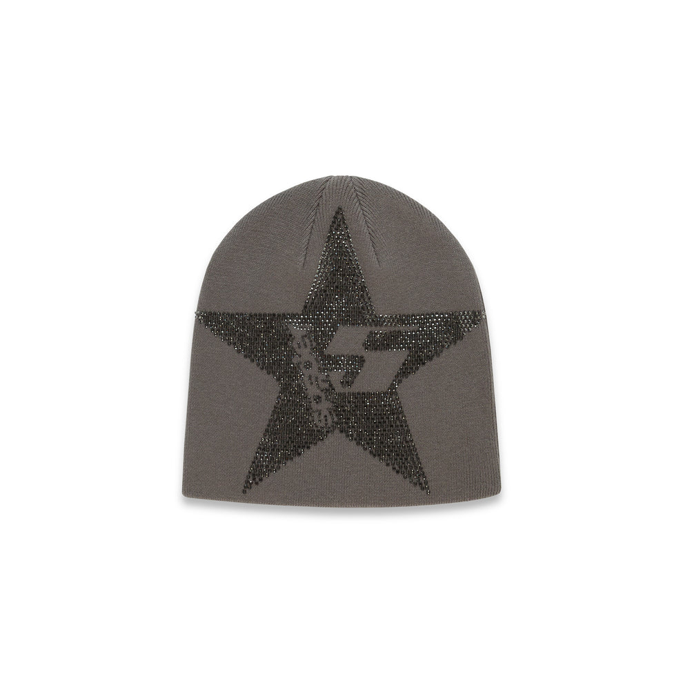 Gray acrylic beanie with a large, sparkly rhinestone star design.