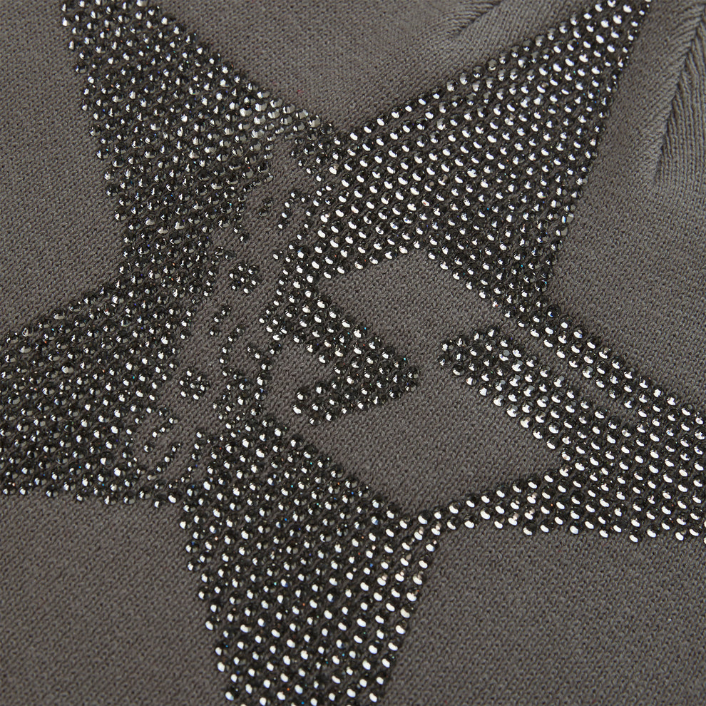 Gray acrylic beanie with a large, sparkly rhinestone 5-star design.