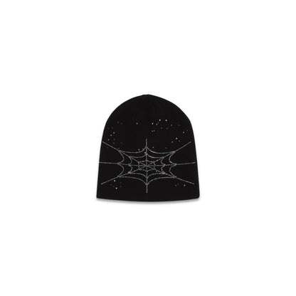 Black acrylic skully beanie with rhinestone spiderweb and scattered rhinestones.