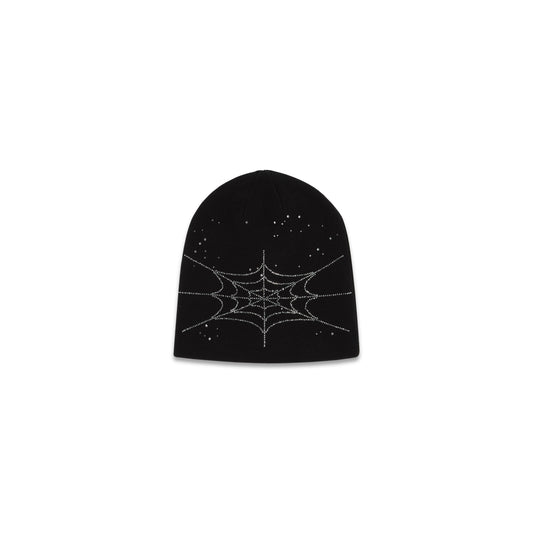 Black acrylic skully beanie with rhinestone spiderweb and scattered rhinestones.