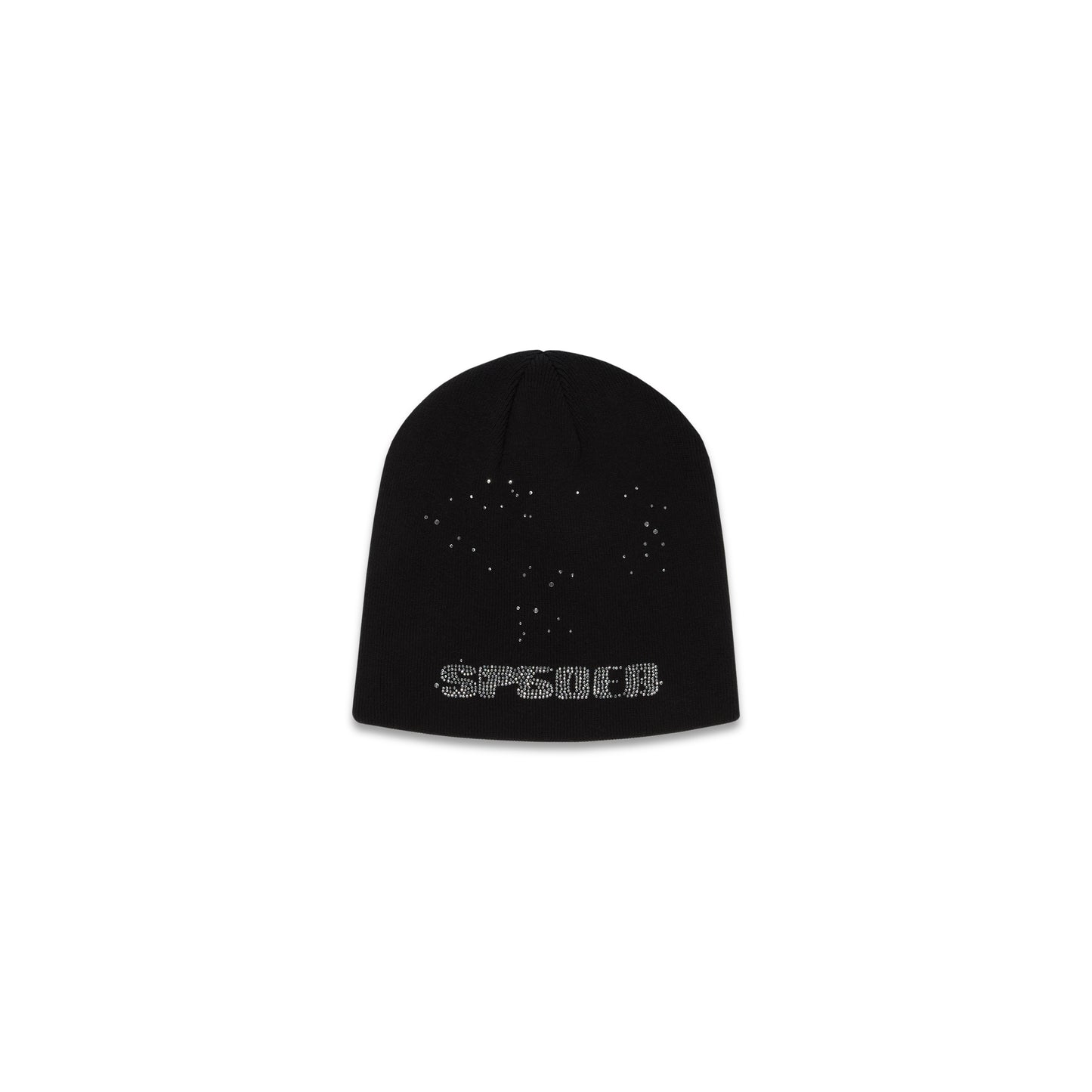 Black acrylic beanie with "SPENCR" in rhinestones and scattered rhinestone embellishments.