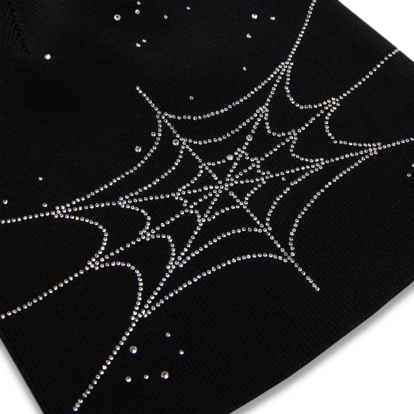 Black acrylic beanie with a rhinestone spiderweb design and scattered rhinestones.