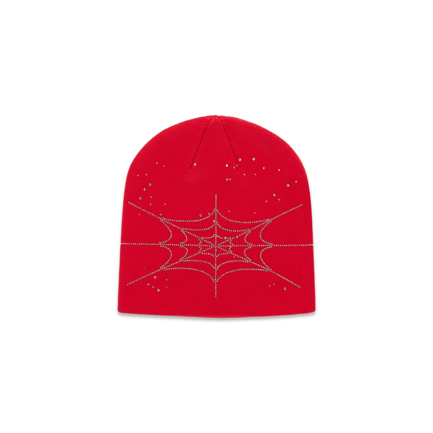 Red acrylic beanie with a rhinestone spiderweb design.