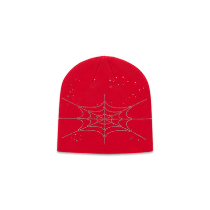 Red acrylic beanie with a rhinestone spiderweb design.