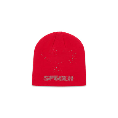 Red acrylic beanie with rhinestone skull design and "SPIDER" text.