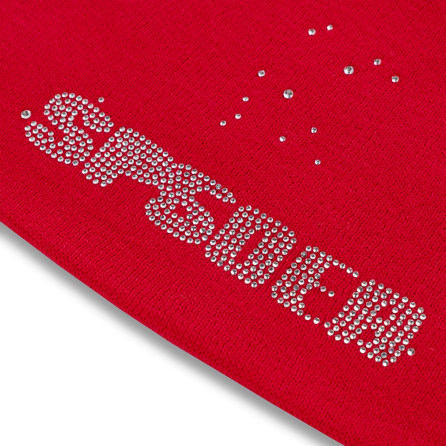 Red acrylic skully with "SPIDER" spelled out in rhinestones, plus scattered rhinestones.
