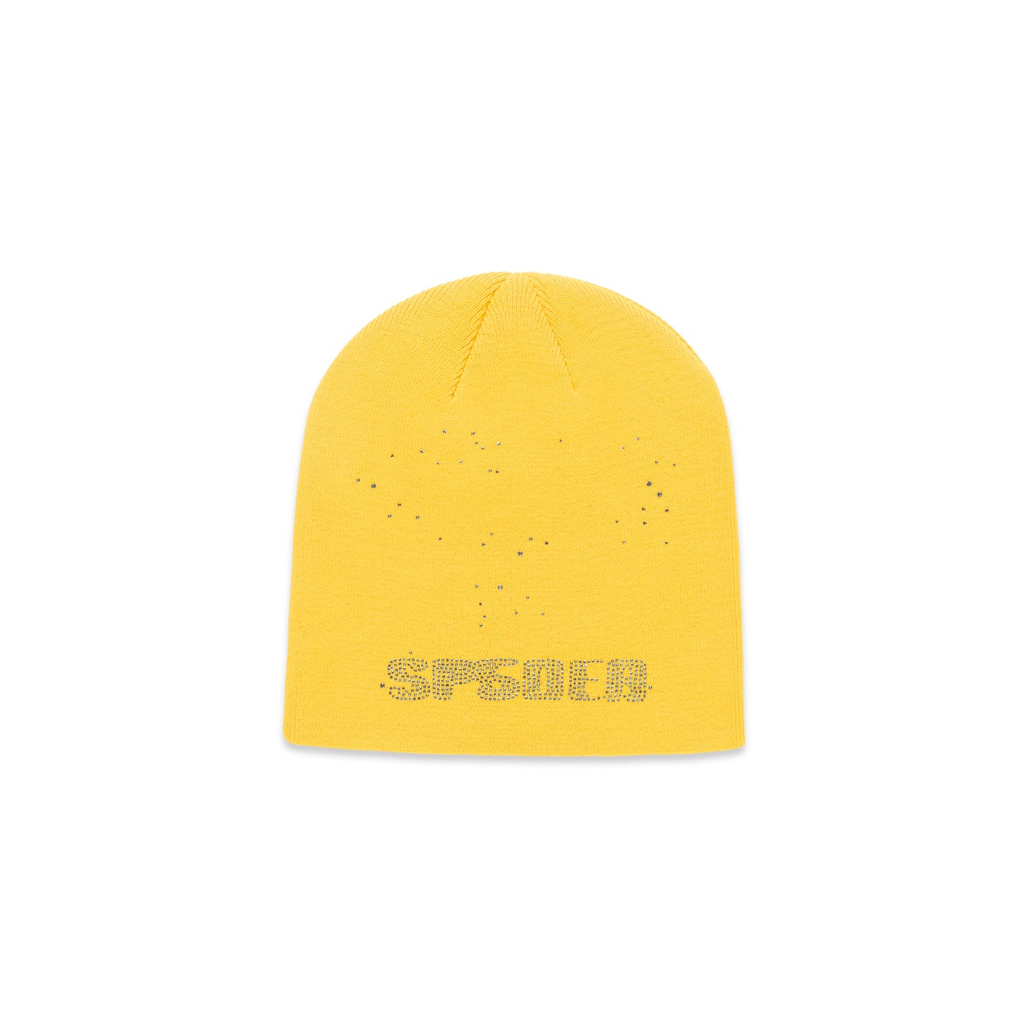 Yellow acrylic beanie with rhinestone skull and "SPOILER" text design.