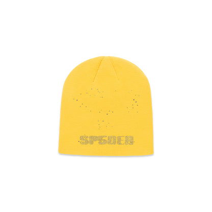 Yellow acrylic beanie with rhinestone skull and "SPOILER" text design.