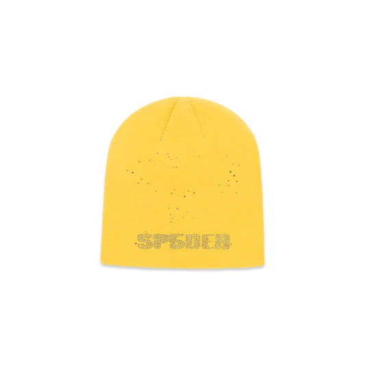 Yellow acrylic beanie with rhinestone skull and "SPOILER" text design.