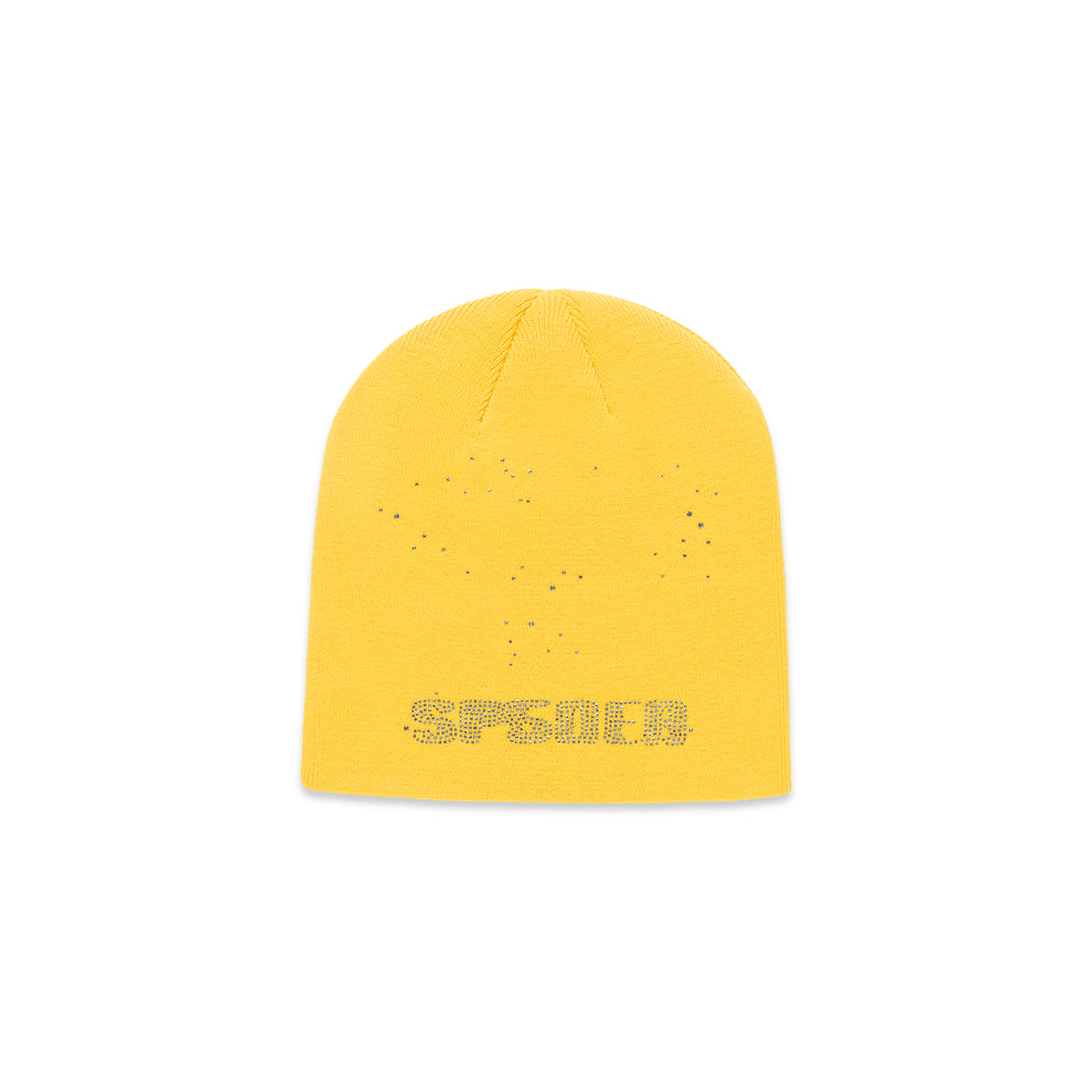 Yellow acrylic beanie with rhinestone skull and "SPOILER" text design.