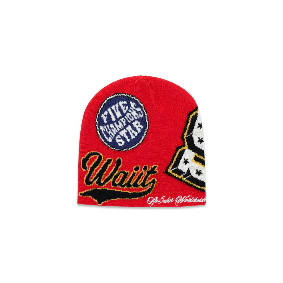 Red acrylic beanie with "FIVE CHAMPIONS STAR" patch and "Wait" varsity graphic.