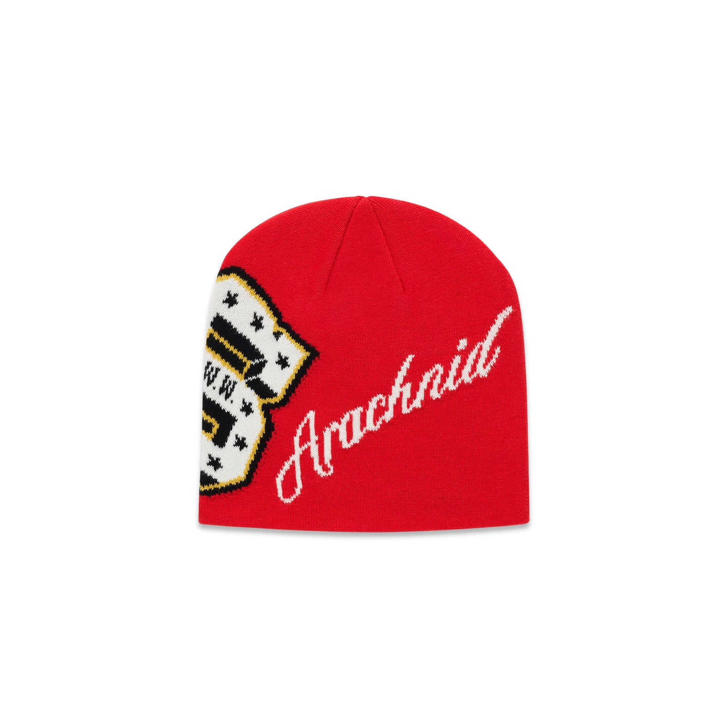 Red acrylic beanie with "Arachnid" in white script and a black, white, and yellow varsity graphic.