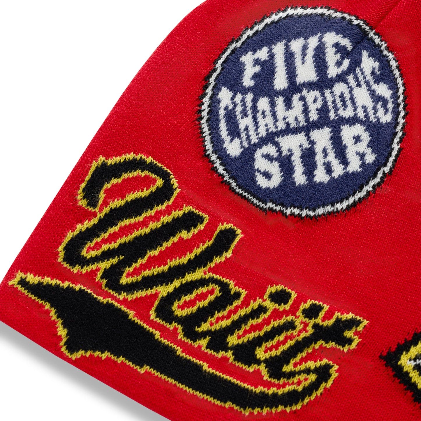 Red acrylic beanie with "Varsity" in black and yellow script, and a blue "FIVE CHAMPIONS STAR" patch.