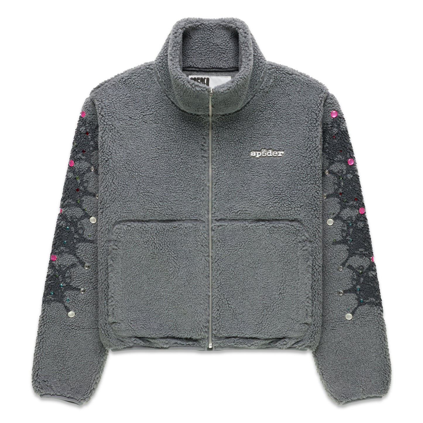 Gray sherpa fleece zip-up jacket with stand collar, web print, and rhinestone sleeves.