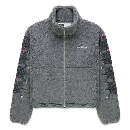 Gray sherpa fleece zip-up jacket with stand collar, web print, and rhinestone sleeves.