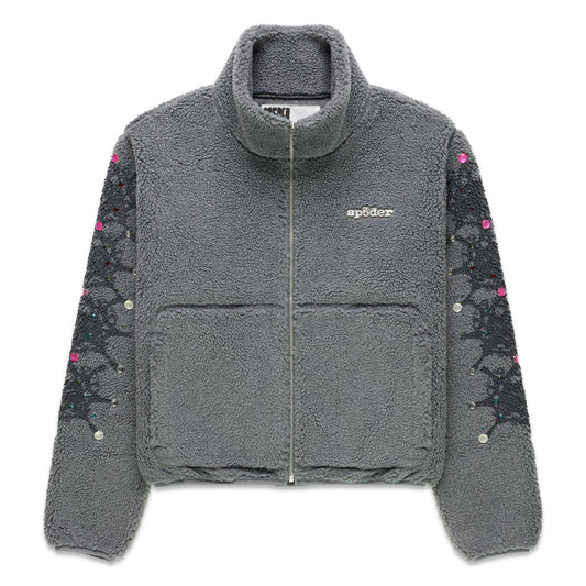 Gray sherpa fleece zip-up jacket with stand collar, web print, and rhinestone sleeves.
