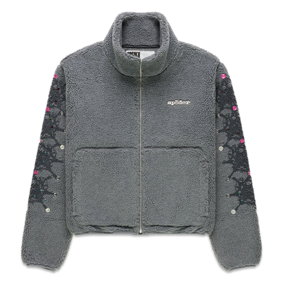 Gray sherpa fleece zip-up jacket with stand collar, web print, and rhinestone sleeves.