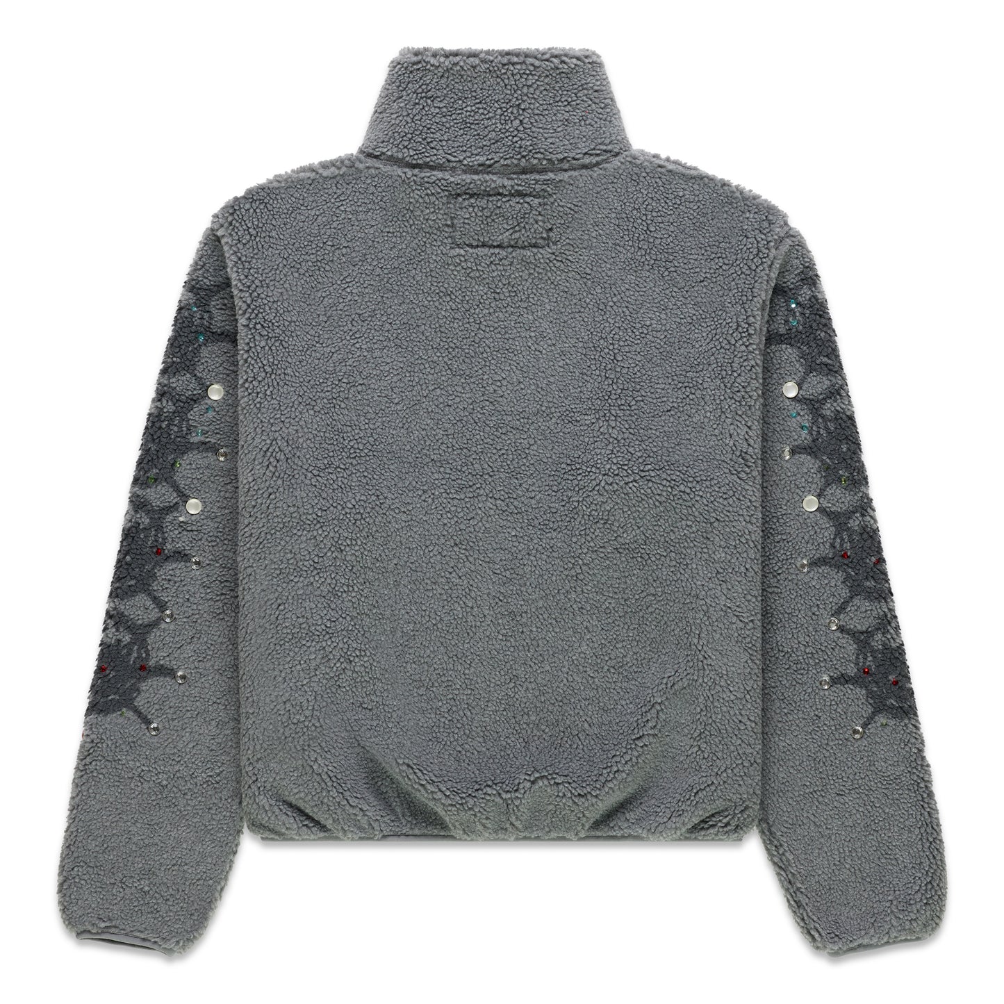 Gray sherpa fleece zip-up jacket with stand collar, web print, and rhinestone sleeves.