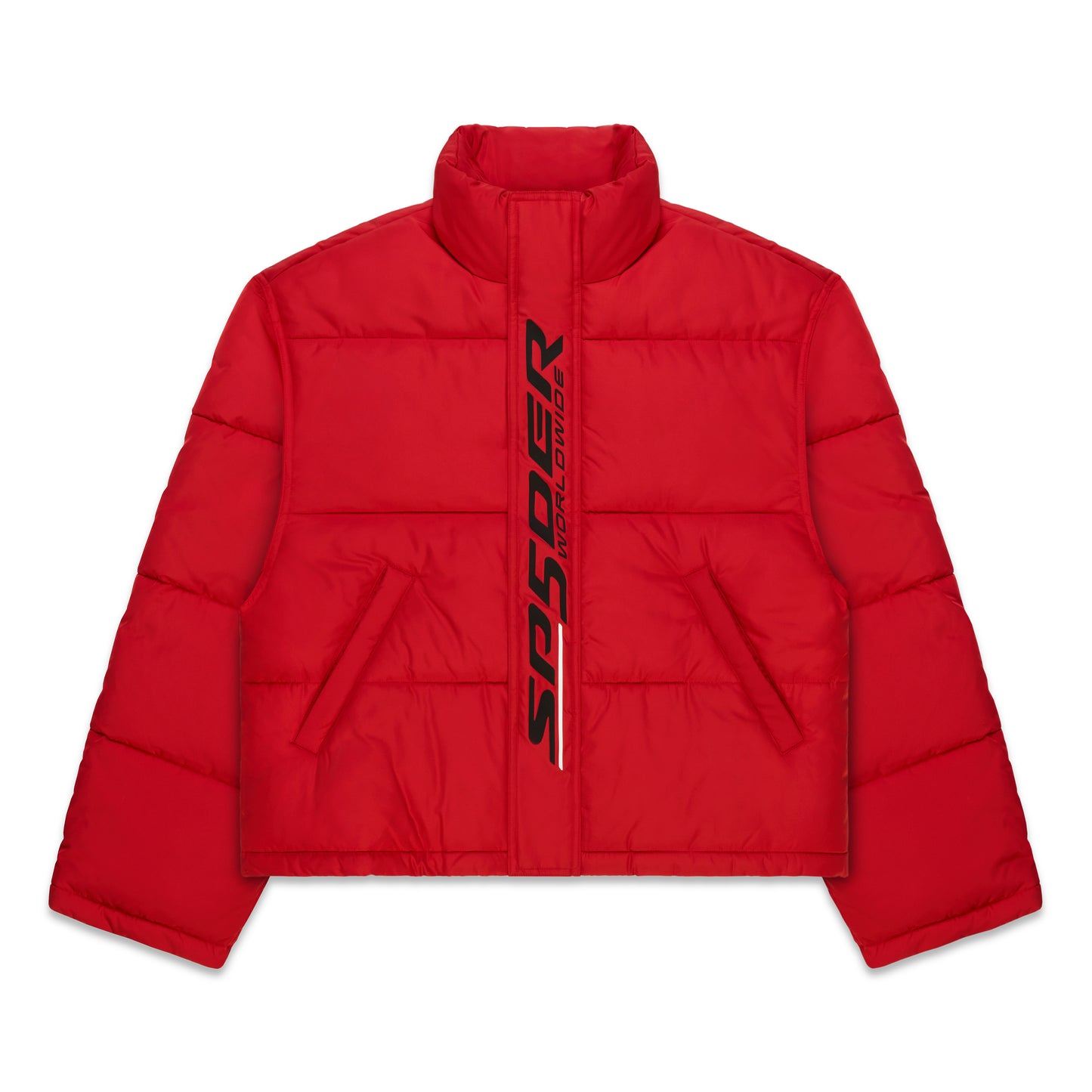 Red poly-fill puffer jacket with "SP5DER WORLDWIDE" graphic on front, side pockets, and high collar.