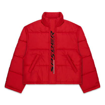 Red poly-fill puffer jacket with "SP5DER WORLDWIDE" graphic on front, side pockets, and high collar.