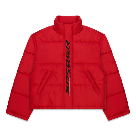 Red poly-fill puffer jacket with "SP5DER WORLDWIDE" graphic on front, side pockets, and high collar.
