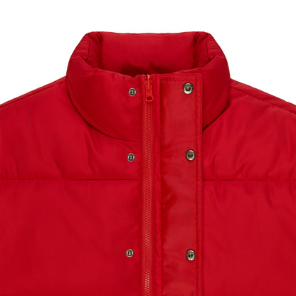 Red TRACKHAWK puffer jacket with poly-fill, front zip, and snap placket.