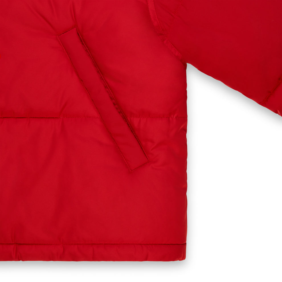 Red TRACKHAWK puffer jacket with poly-fill, side pocket, and subtle reflective details.