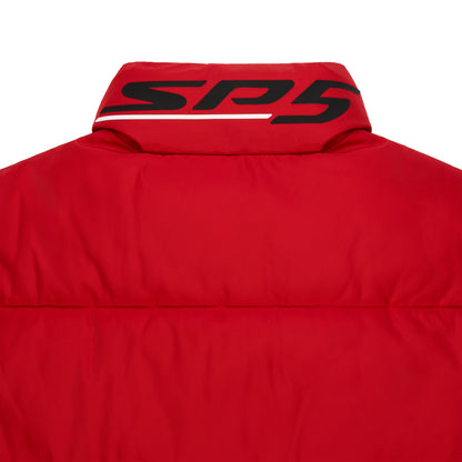 Red TRACKHAWK puffer jacket with black reflective SPG graphic on the back collar.