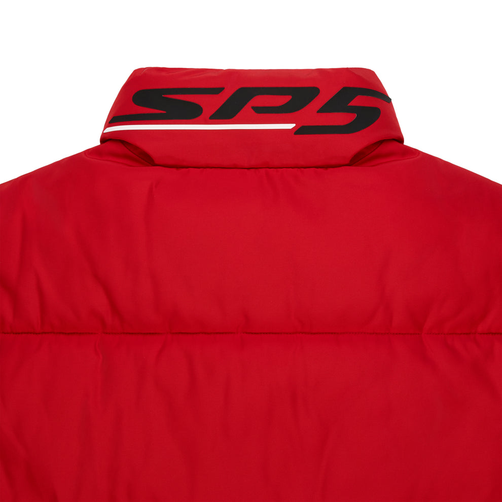 Red TRACKHAWK puffer jacket with black reflective SPG graphic on the back collar.