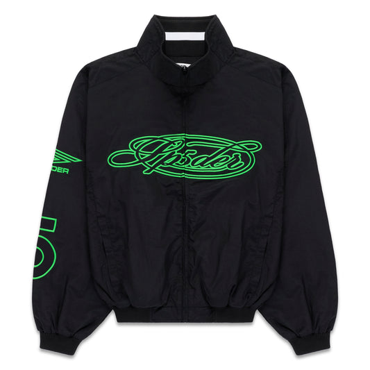 Black nylon track jacket with full zip, stand collar, and vibrant green embroidered "Spider" logo on chest.
