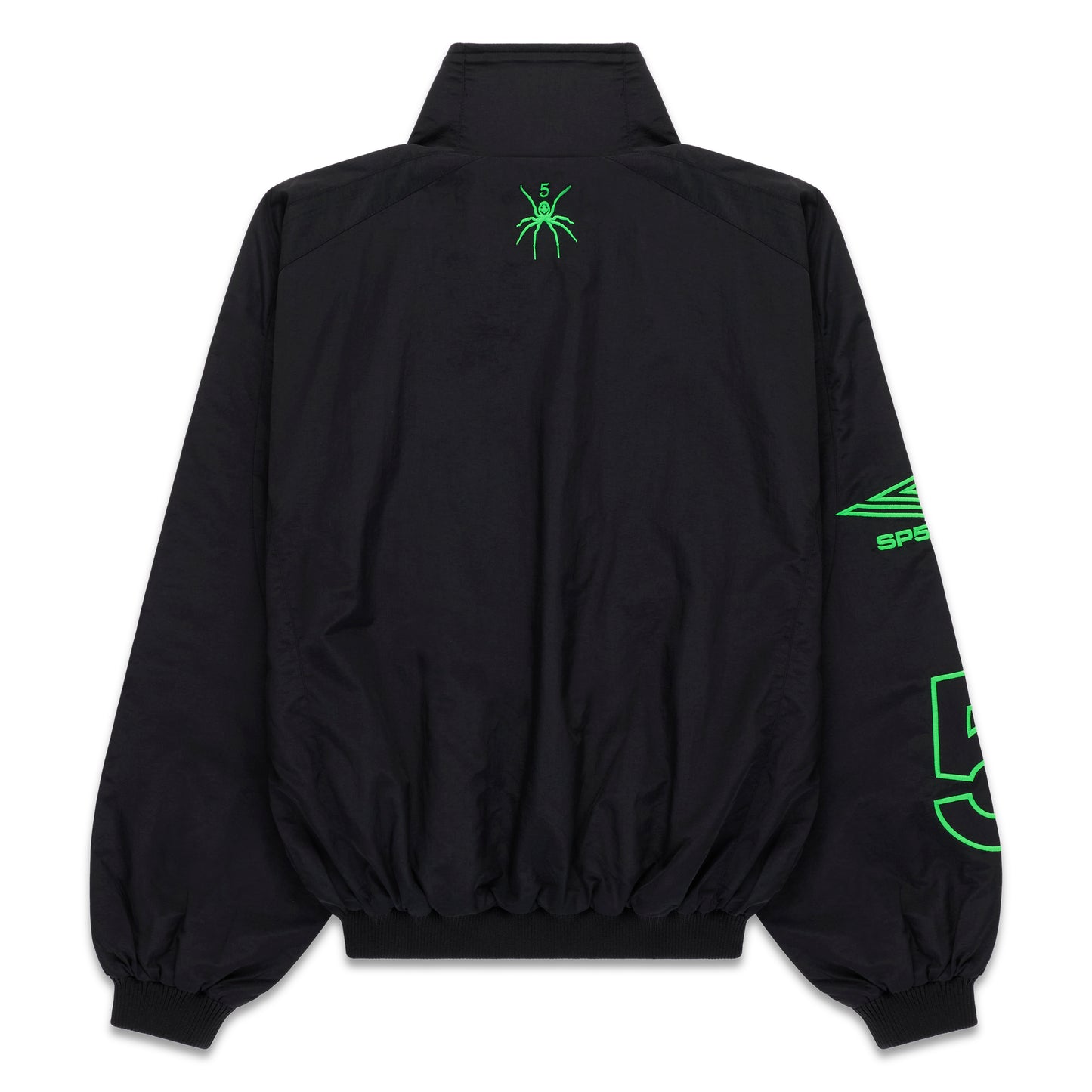 Black nylon track jacket with green spider logo on back and sleeve graphics.