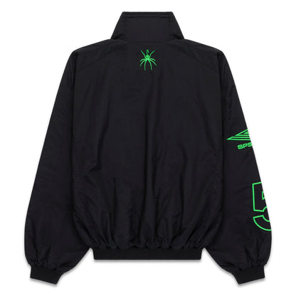Black nylon track jacket with green spider logo on back and sleeve graphics.