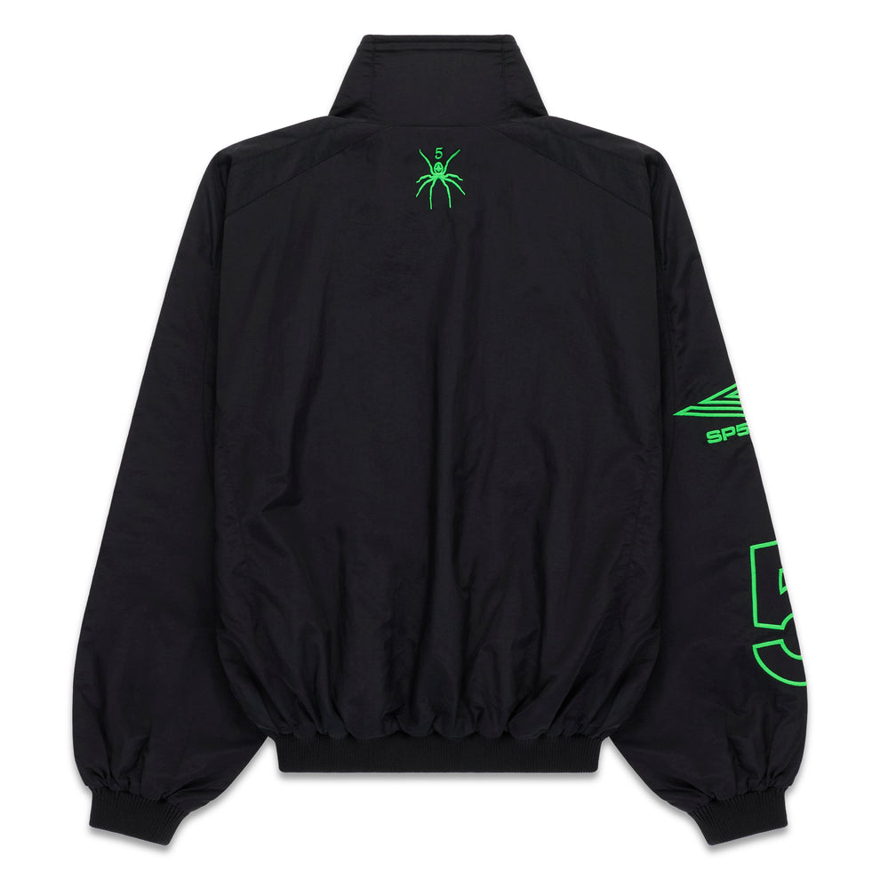 Black nylon track jacket with green spider logo on back and sleeve graphics.