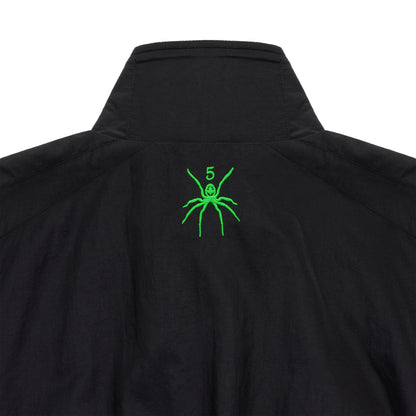Black nylon track jacket with green embroidered spider logo and "5" on the back neck.