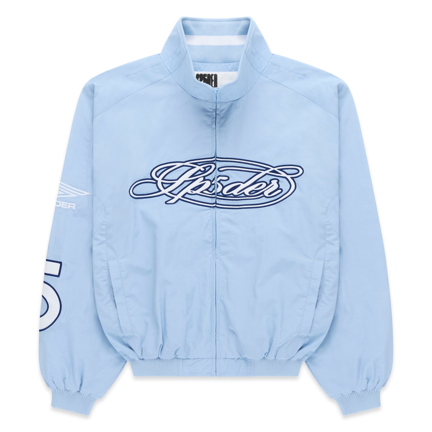 Light blue nylon track jacket with full zip, stand collar, and embroidered chest logo.