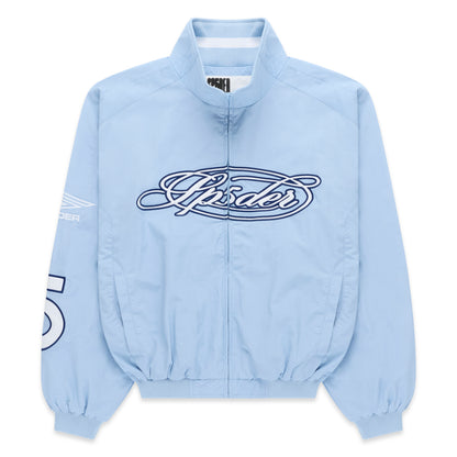 Light blue nylon track jacket with full zip, stand collar, and embroidered chest logo.
